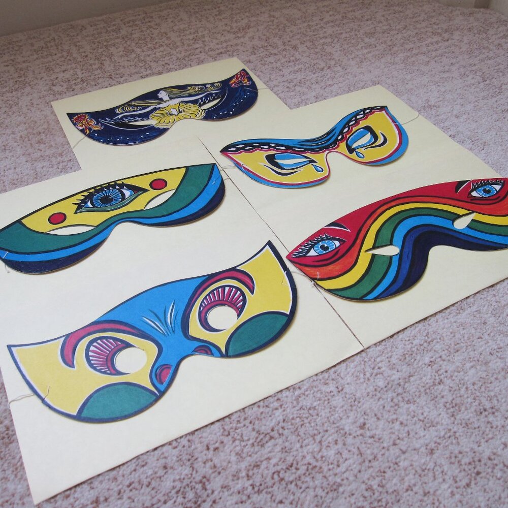 Vintage Set of 5 Masks Masquerade Halloween Carnival Fantasy Rainbow Surreal